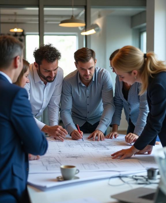 L'équipe de Noyau Saveur discutant autour d'un plan architectural dans leurs bureaux.