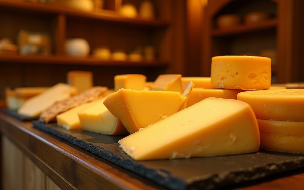 Stand de fromager élégant avec un éclairage chaleureux mettant en valeur les fromages.