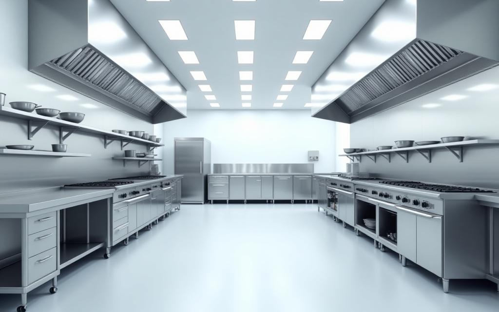 Vue d'une cuisine professionnelle en inox, spacieuse et bien équipée.